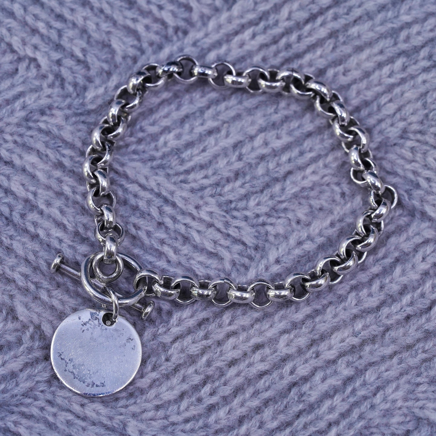 6.75", vintage Sterling silver bracelet, 925 bold circle chain circle tag charm