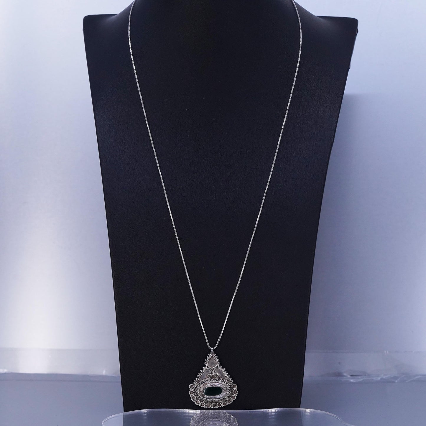 24” 1mm, vintage Italian Sterling 925 silver box chain necklace with beaded pendant and jade