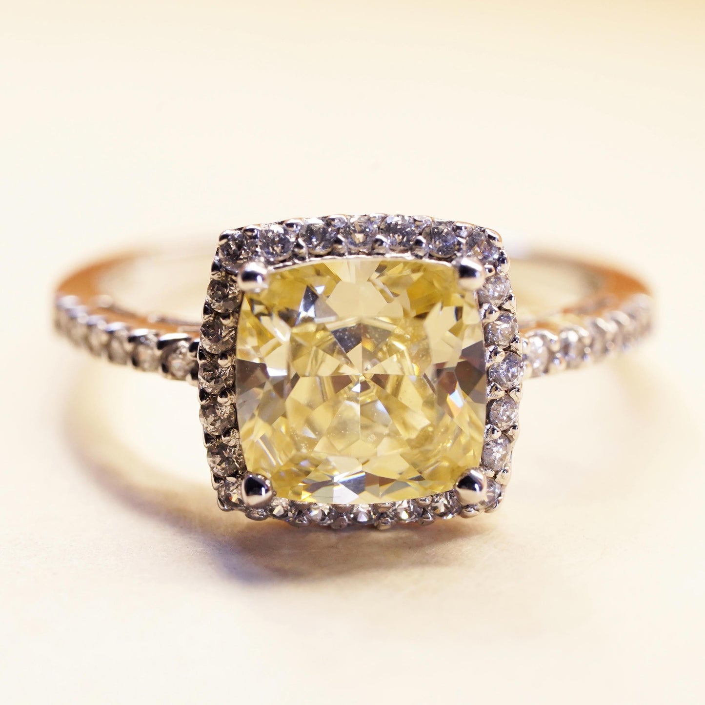 Size 6.5, vintage Sterling 925 silver ring with square citrine and cluster cz