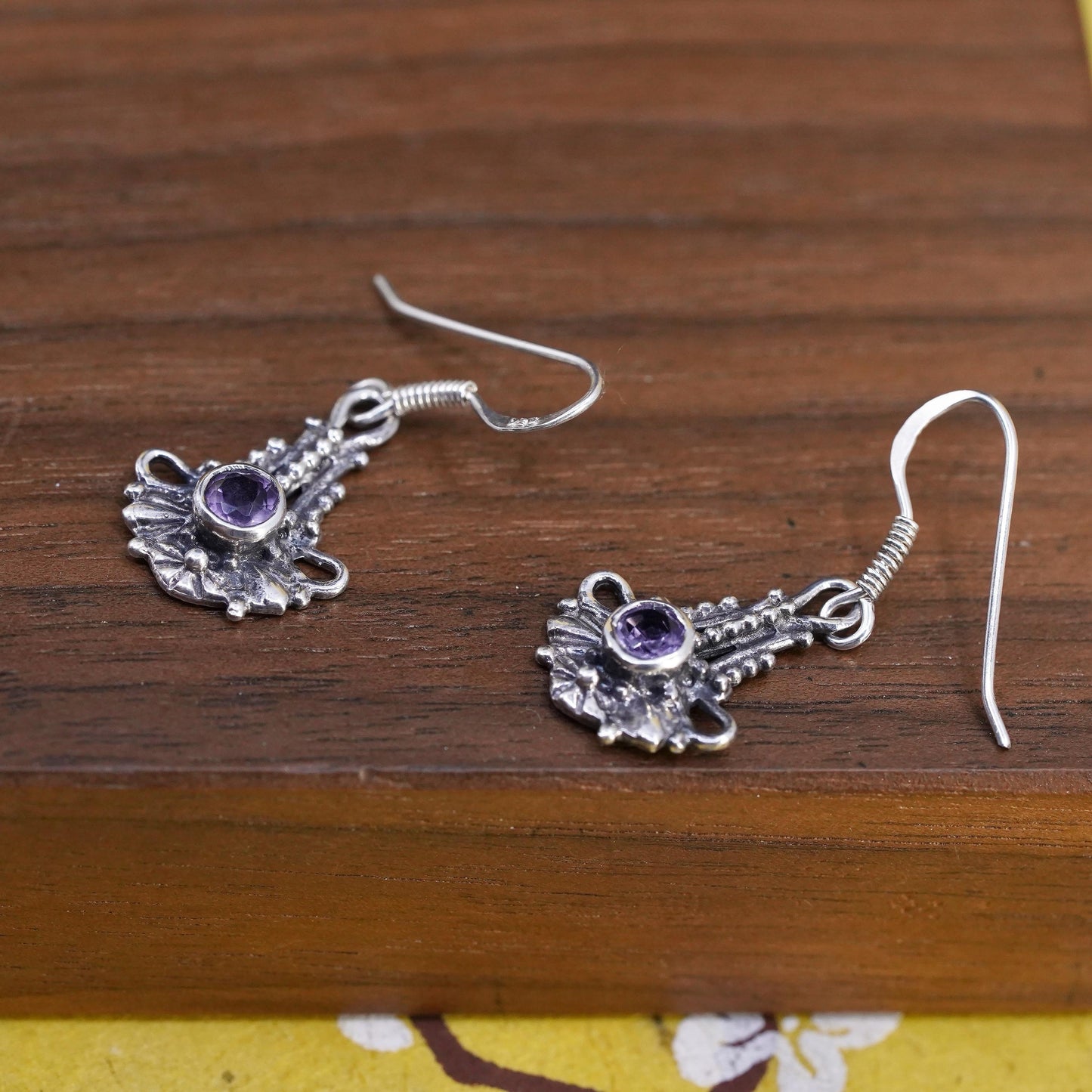 Vintage southwestern Sterling silver handmade earrings, 925 dangles amethyst