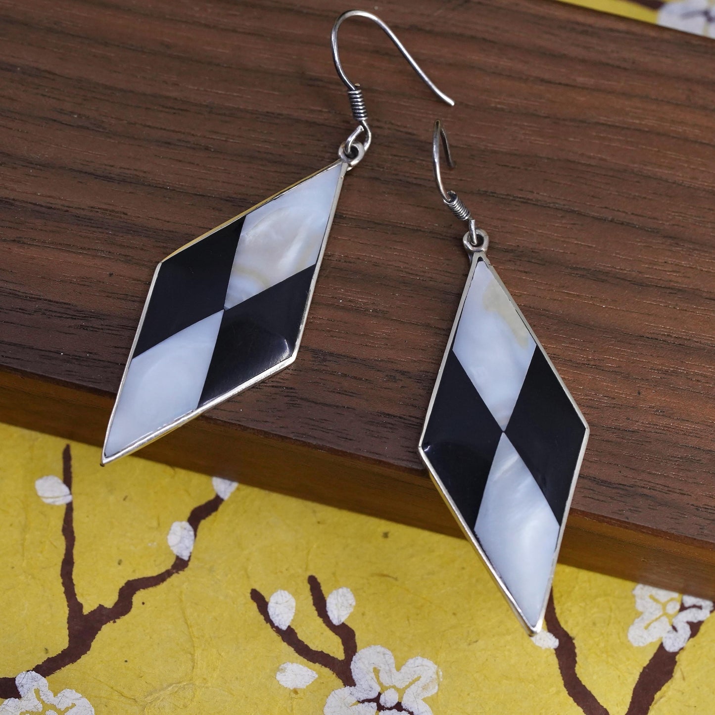 Vintage alpaca silver handmade earrings, diamond mother of pearl inlay dangles
