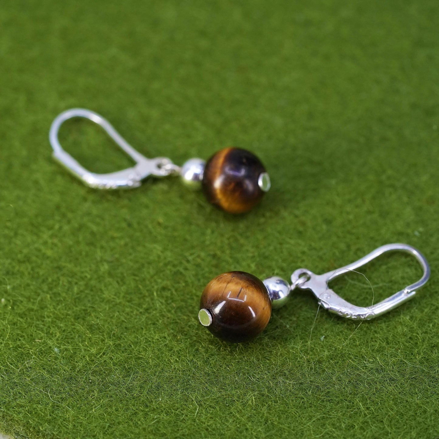 Vintage Sterling 925 silver handmade earrings with tiger eye beads