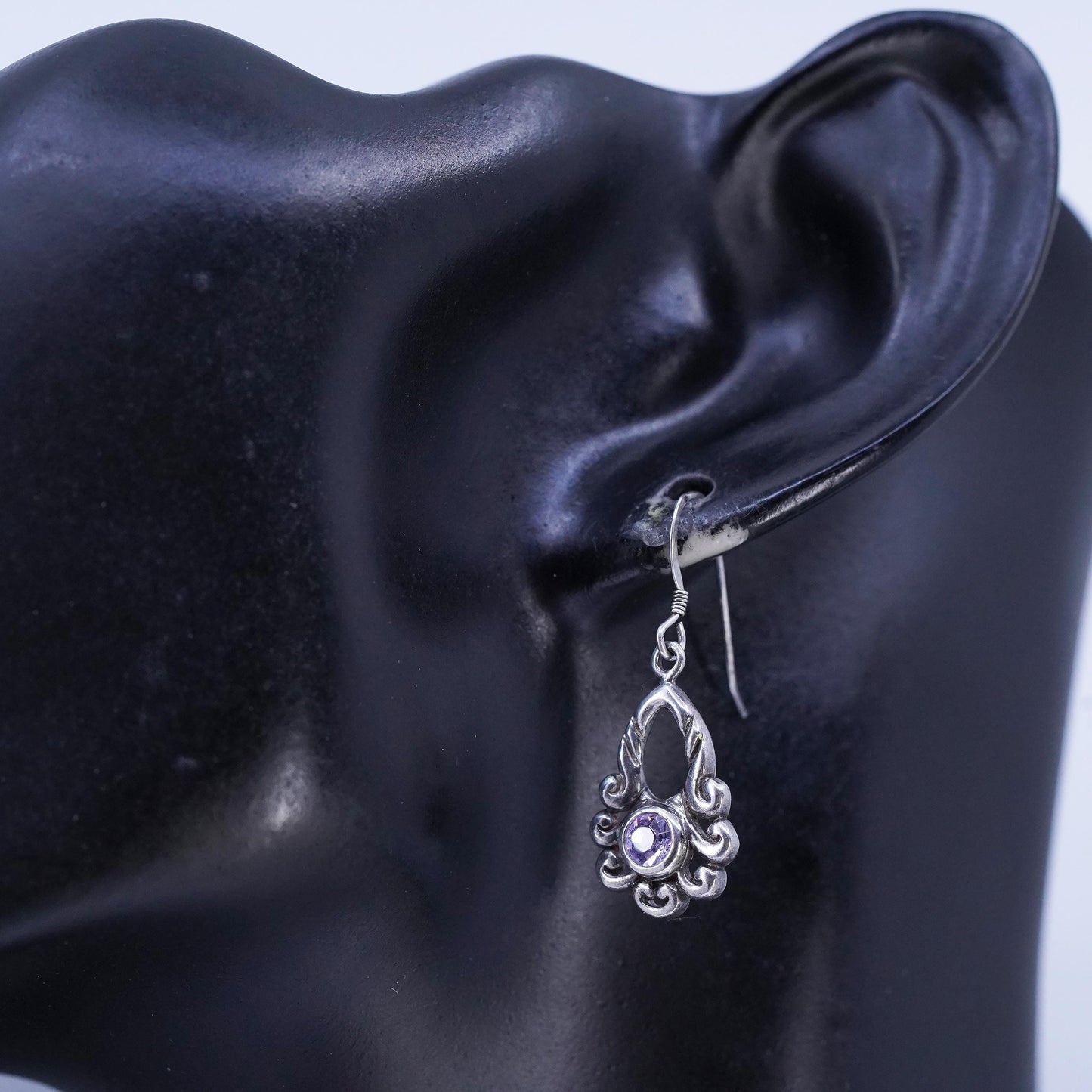 Vintage Sterling 925 silver handmade spiral earrings lavender purple crystal