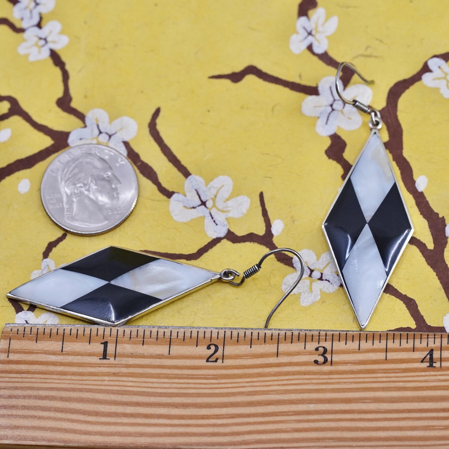 Vintage alpaca silver handmade earrings, diamond mother of pearl inlay dangles