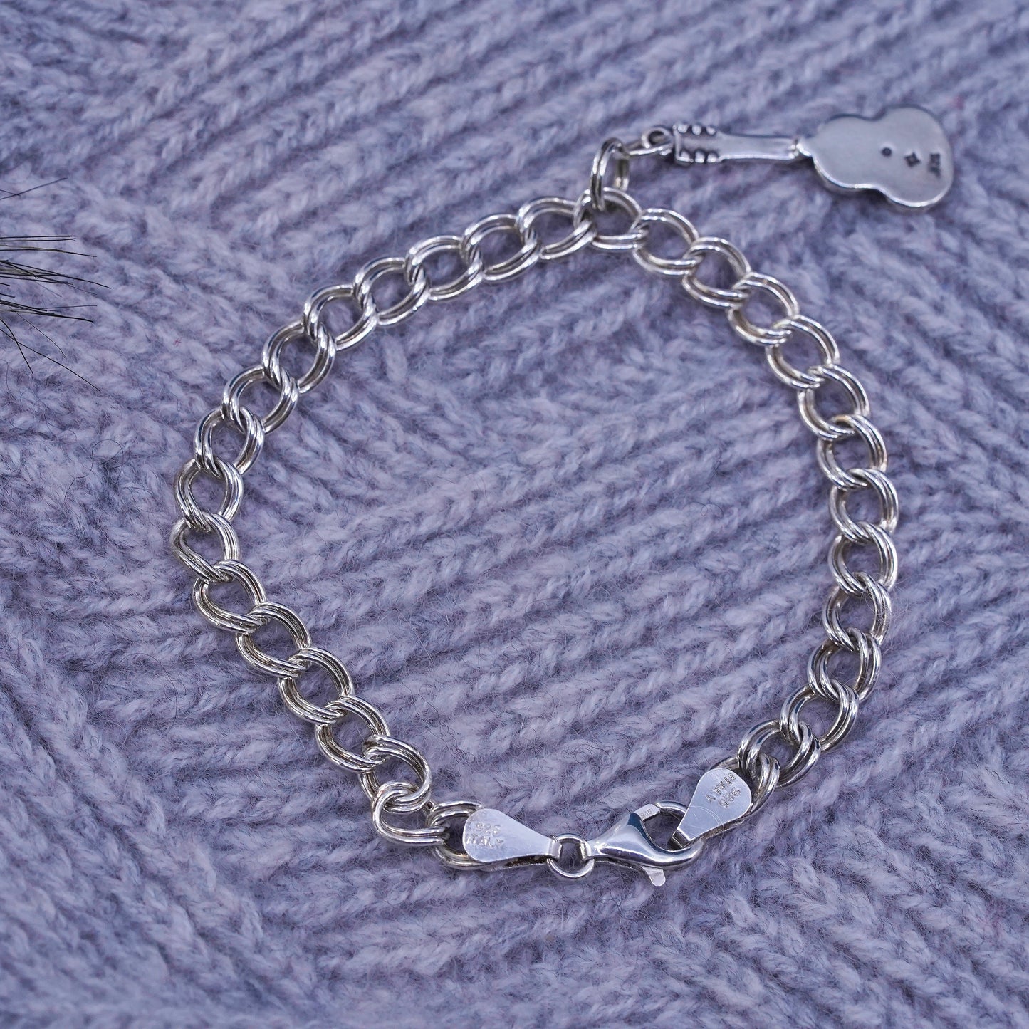 6.75", Italy Sterling silver bracelet, 925 double curb link chain guitar charm