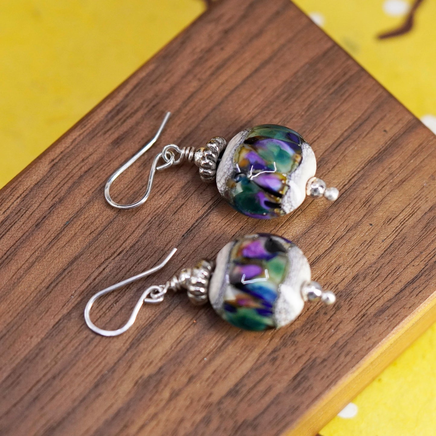 Vintage Sterling silver handmade earrings, 925 round foiled glass beads