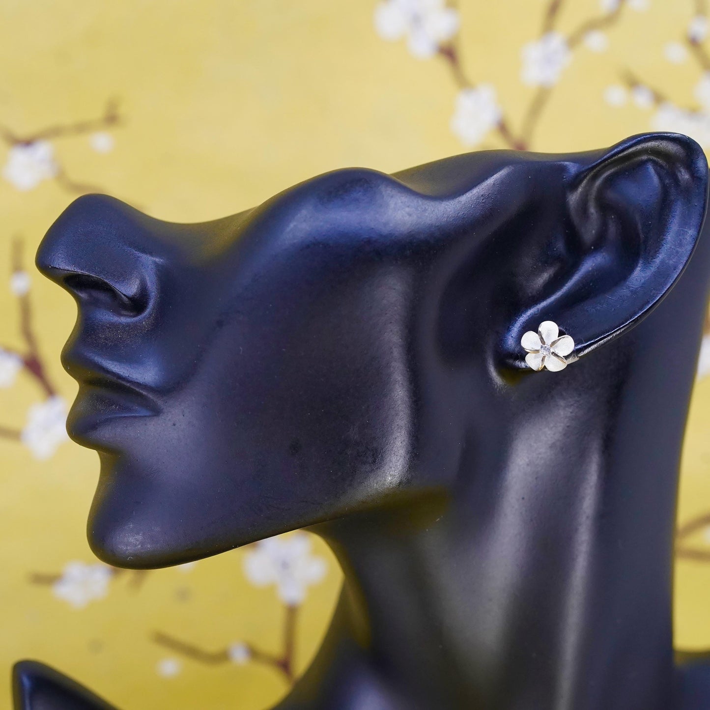 Vintage Sterling silver handmade earrings, 925 plumeria flower studs with cz