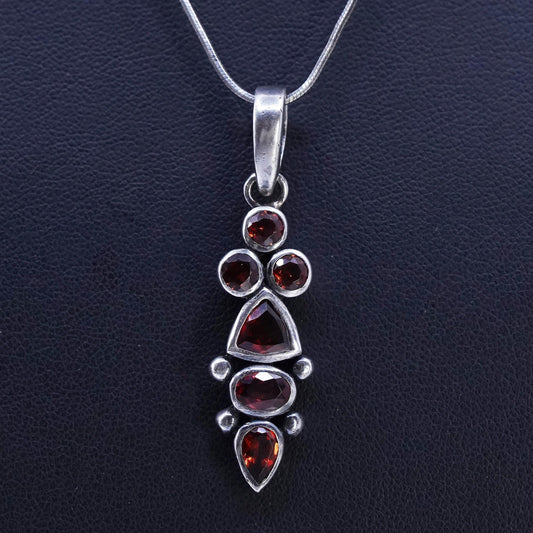 16", Vintage sterling 925 Silver snake chain necklace with garnet pendant