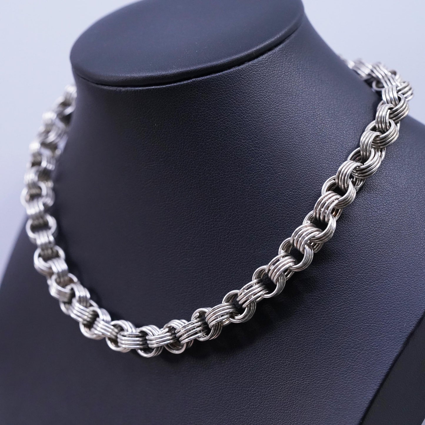 14”, vintage Sterling silver necklace, 925 entwined circle link chain choker