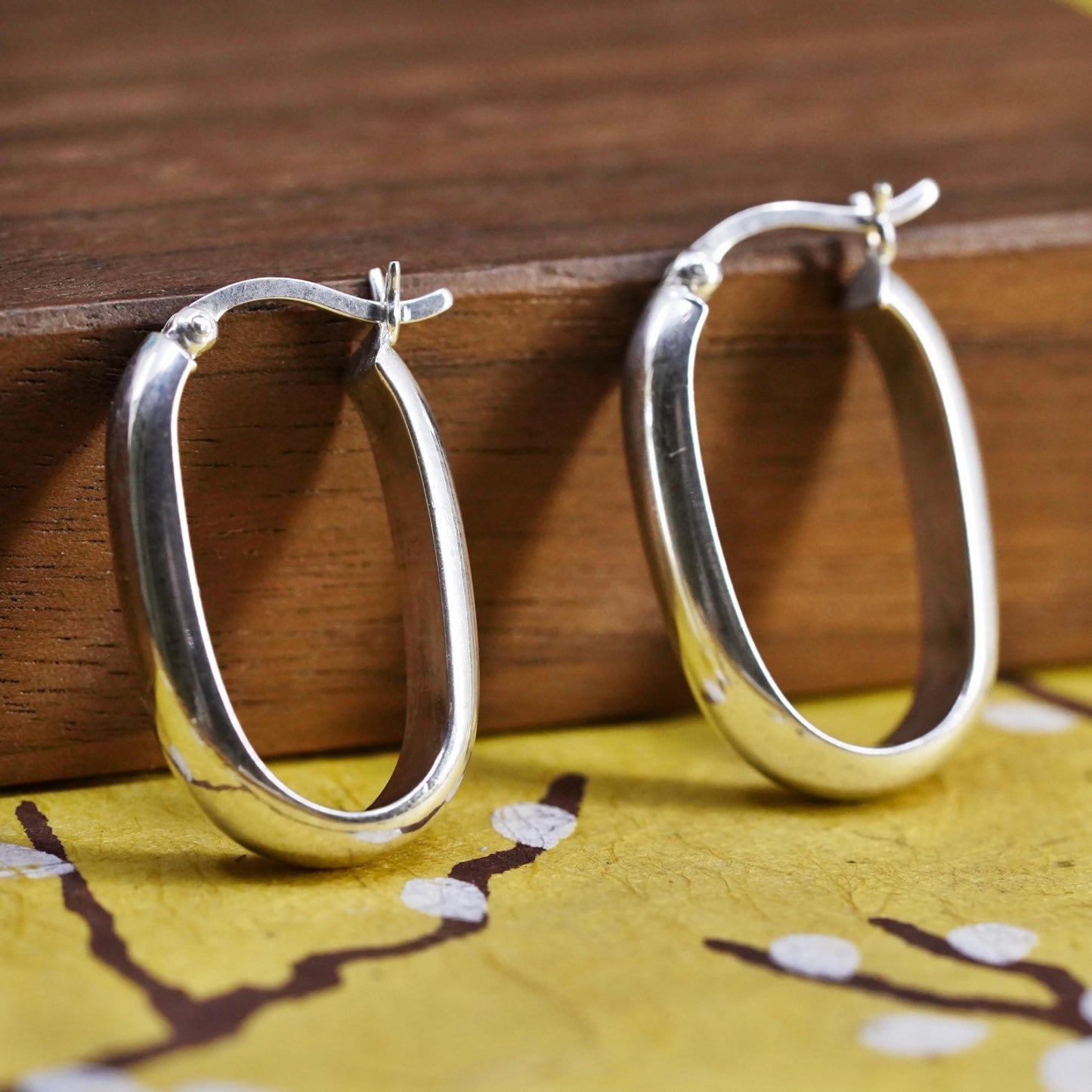 1”, Vintage modern simple Sterling silver handmade earrings, 925 oval hoops