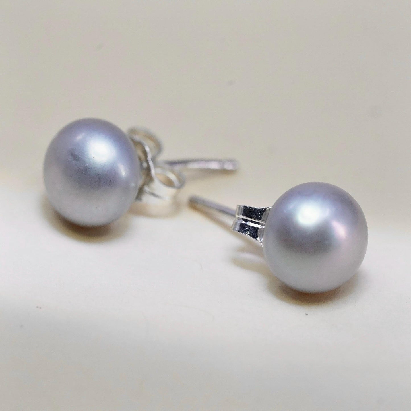 7mm, Vintage sterling silver earrings, 925 studs with gray pearl