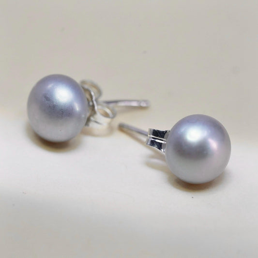 7mm, Vintage sterling silver earrings, 925 studs with gray pearl