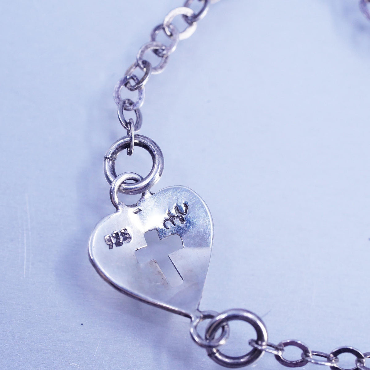 7" 2mm, Vintage Sterling 925 silver handmade bracelet, heart charm cross cutout