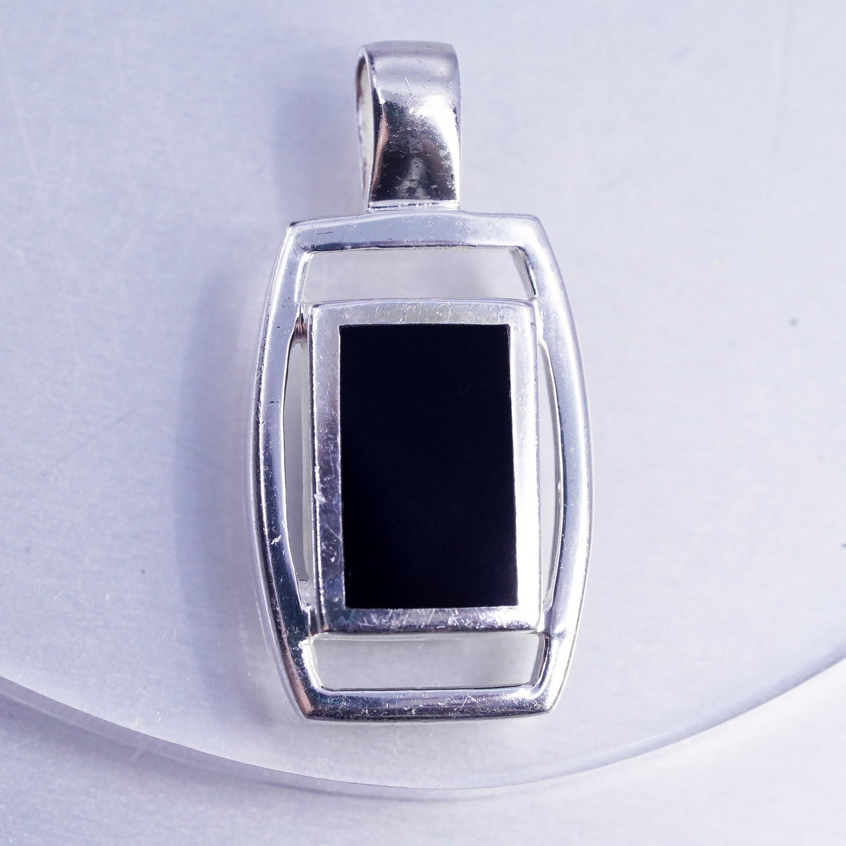 Vintage sterling 925 silver handmade rectangular pendant with onyx inlay