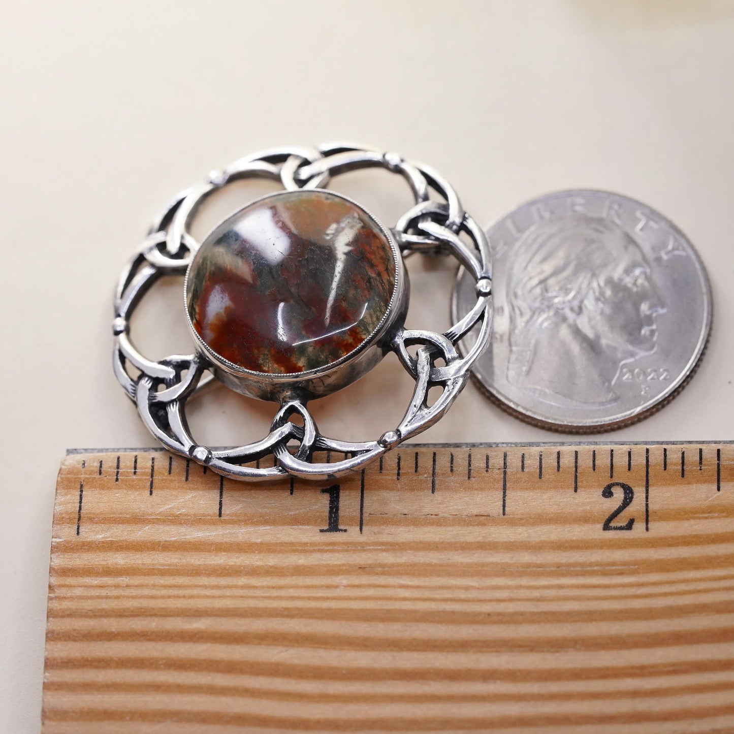 Scottish Sterling Silver Moss Agate Brooch, Celtic Knot Circle Pin, jewelry