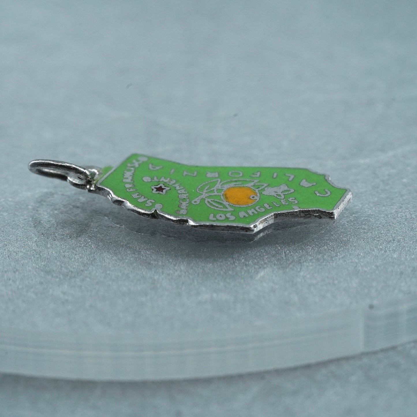 Vinatge Sterling 925 silver charm, green enamel California state tag