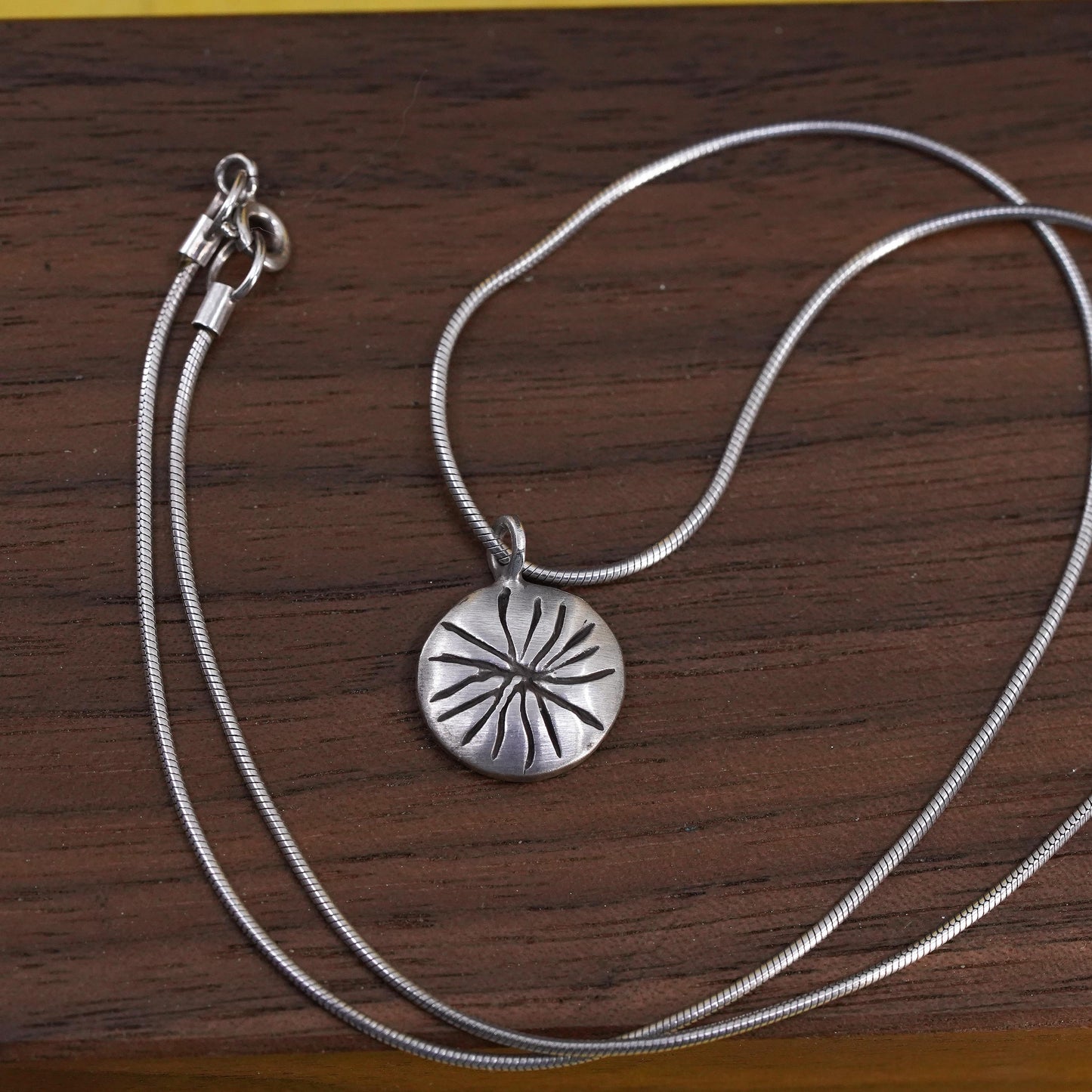 16”, vintage Sterling silver necklace, 925 snake chain sun circle tag pendant