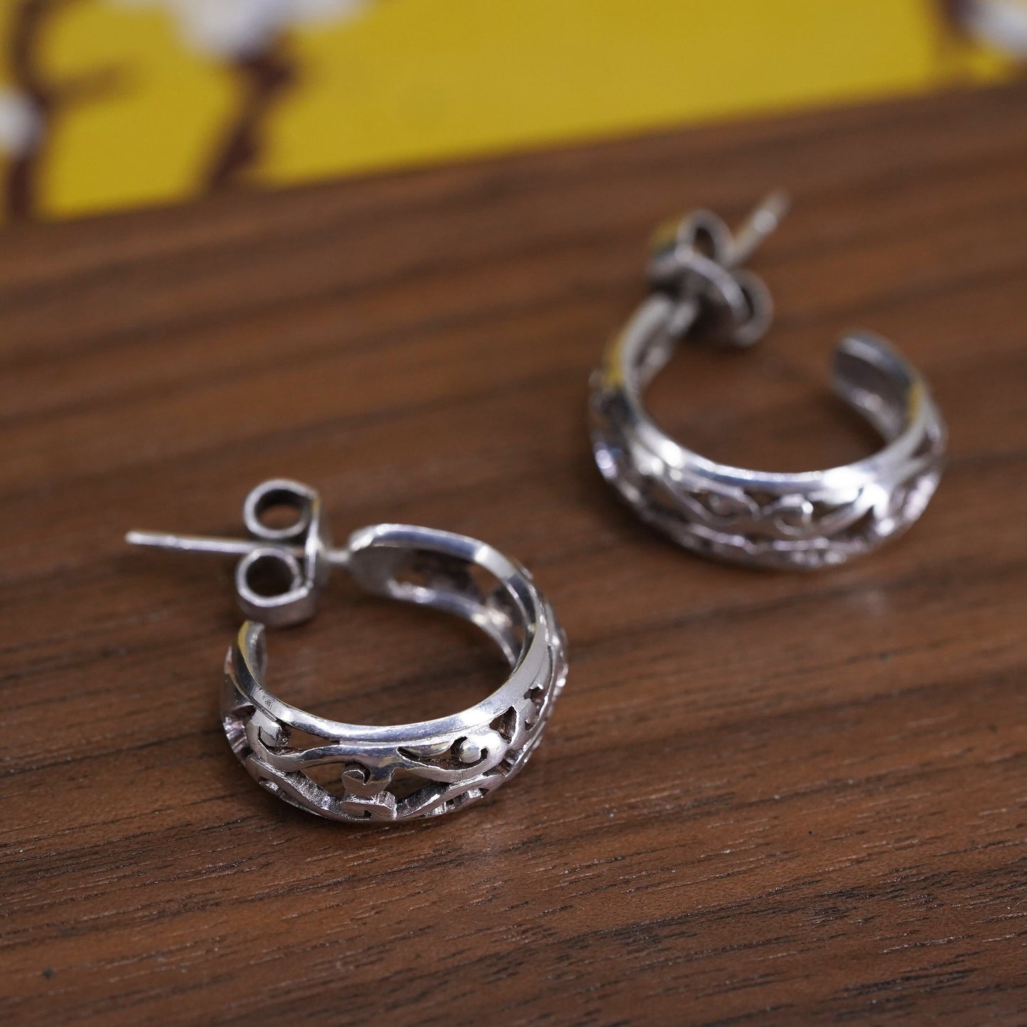 Vintage Sterling silver handmade earrings, 925 huggie, filigree hoops studs