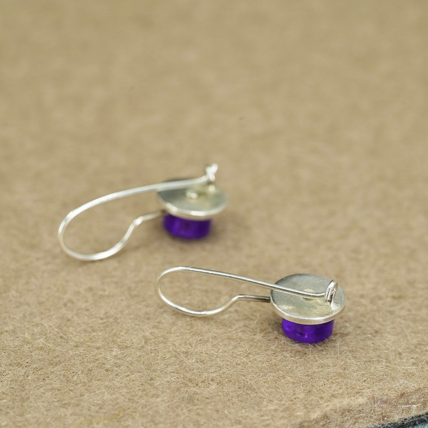 Vintage Sterling 925 silver handmade circle earrings with purple glass dangles