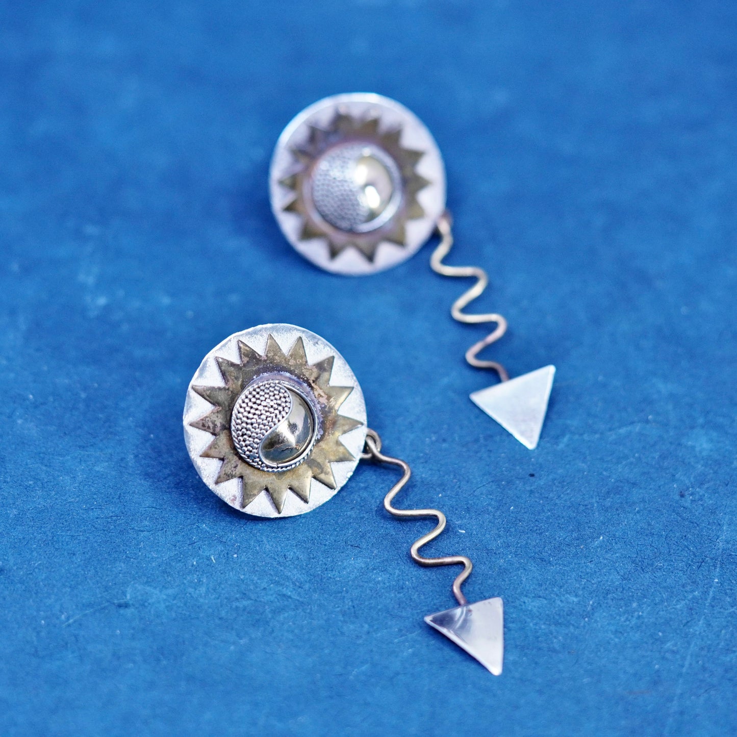 Vintage two tone Sterling silver handmade earrings, 925 sun studs w/ brass trim