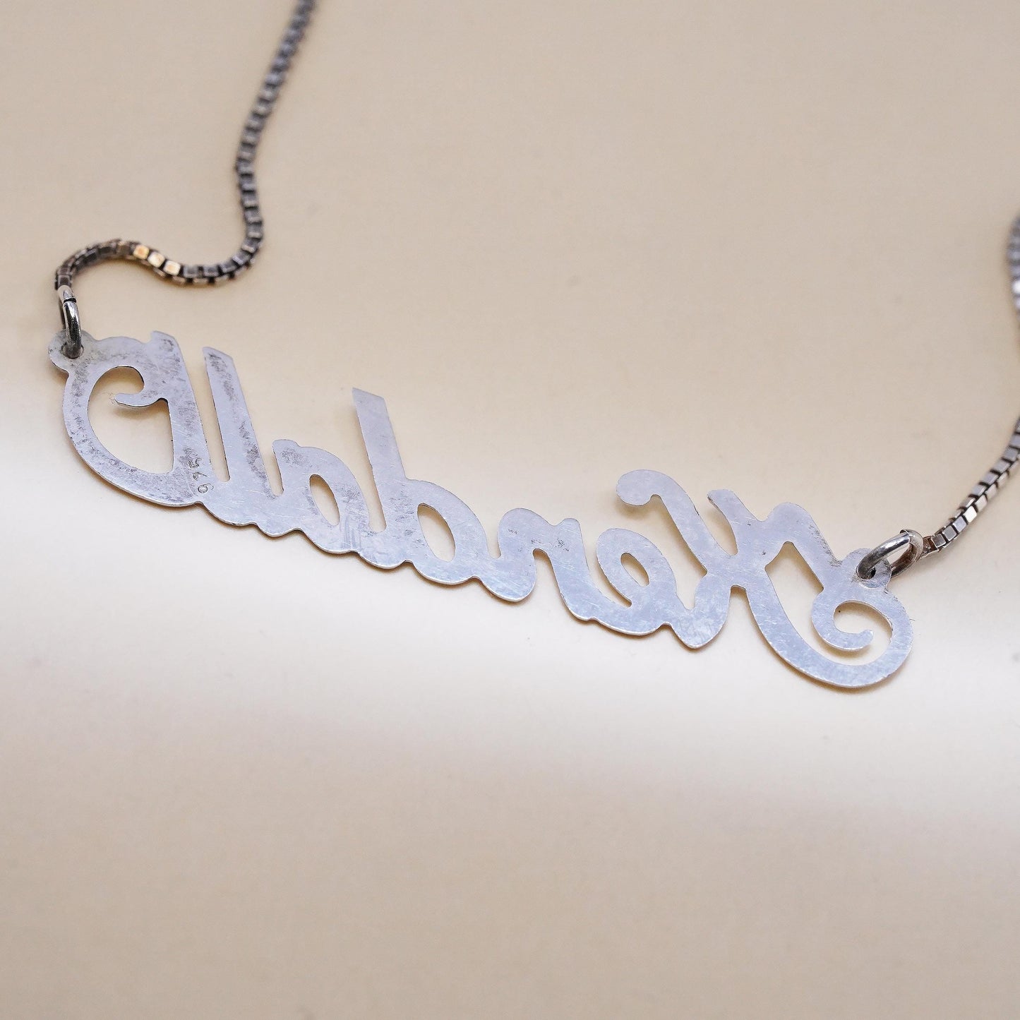 18", vintage sterling silver handmade necklace, box chain name Kendall pendant