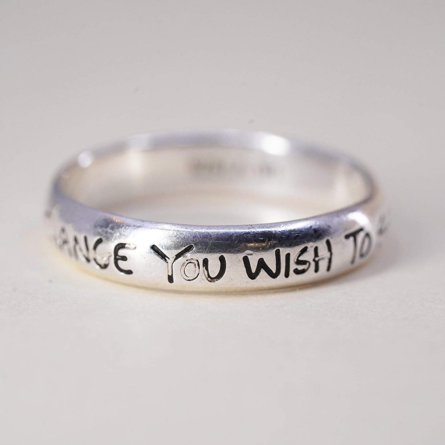 Size 8, sterling silver ring, 925 quote band, "you wish to see world be change"