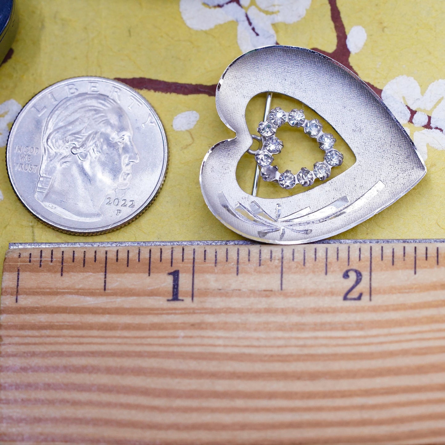 Vintage handmade sterling silver brooch, 925 silver heart with rhinestones
