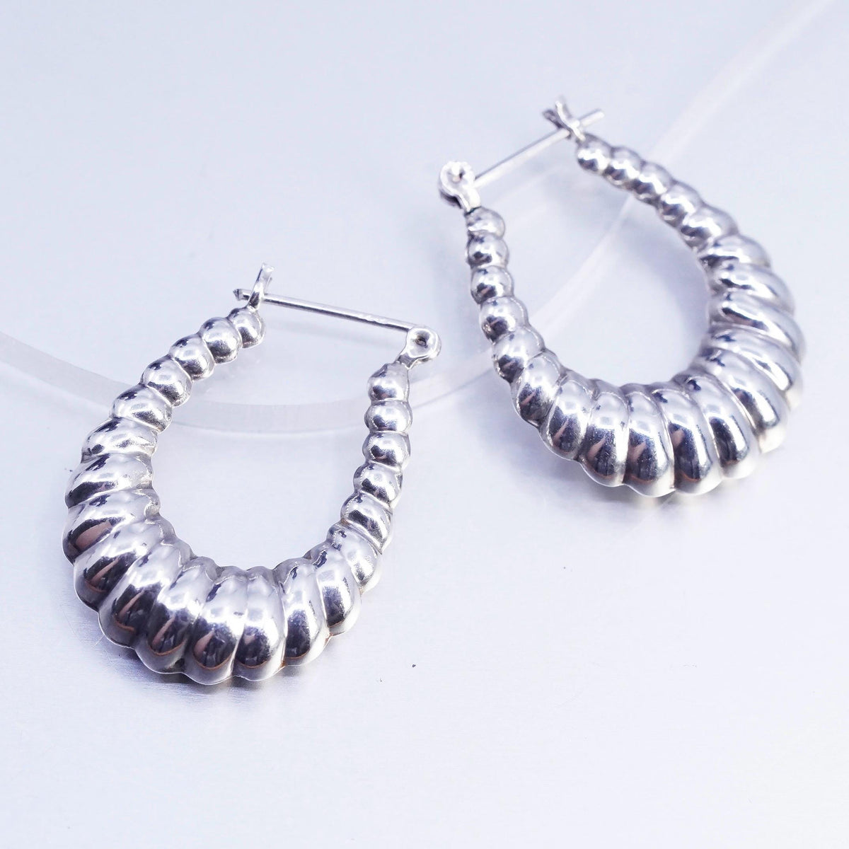 1.25", Vintage 925 Sterling Silver Handmade Ribbed Huggie Hoop Earrings