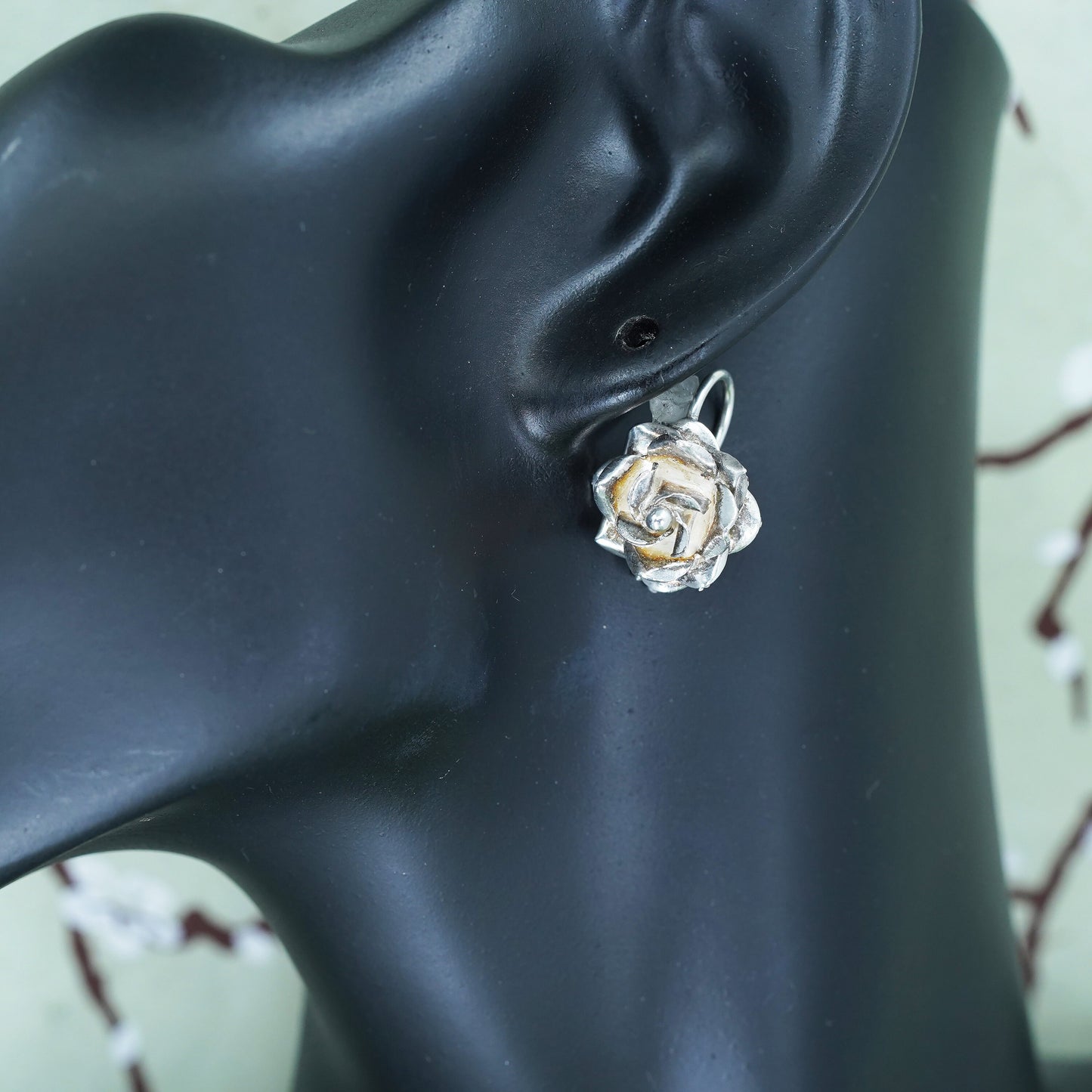 Vintage Mexican Sterling silver handmade earrings, rose flower dangles
