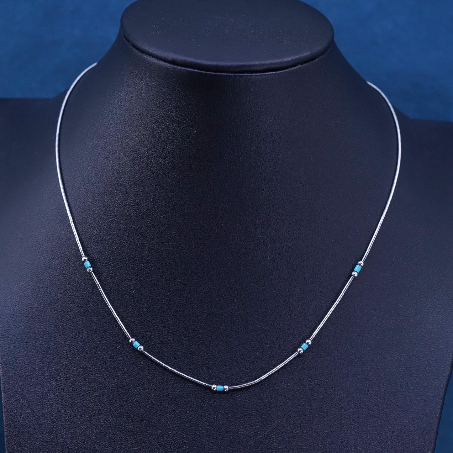 16”, Native American Navajo Sterling 925 liquid silver chain necklace turquoise