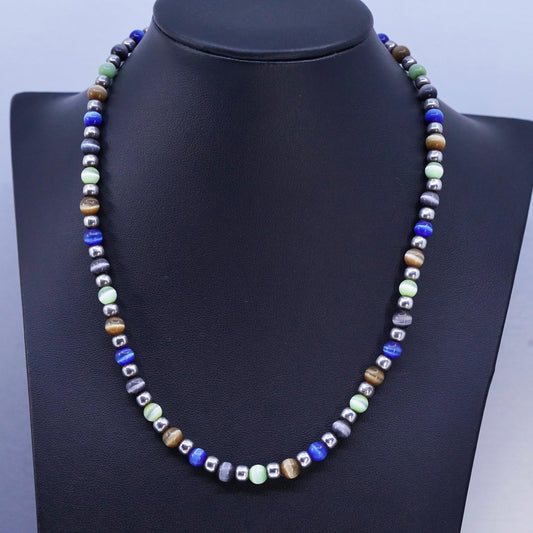 24", vintage Mexico Sterling 925 silver necklace w/ multi color tiger eye beads
