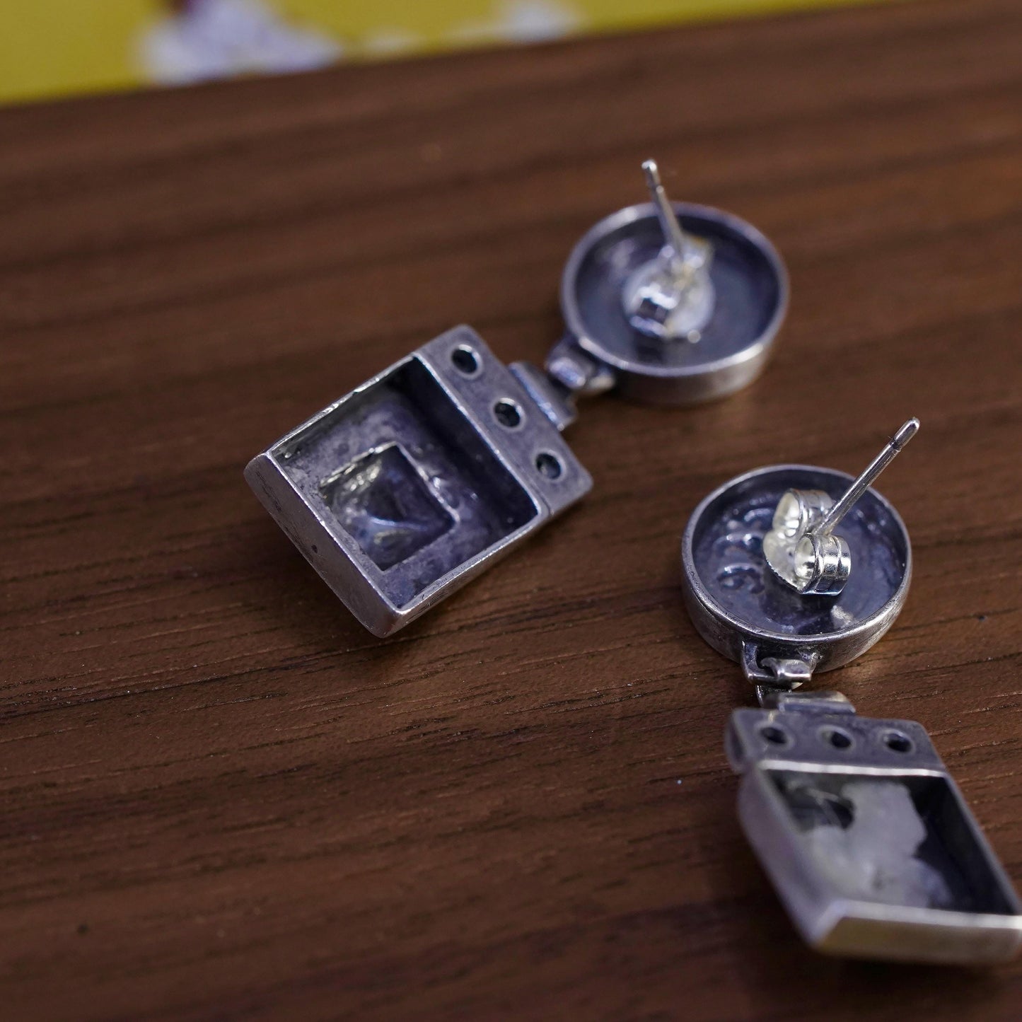 Vintage Sterling silver earrings, 925 pyramid square dangle with blue crystal