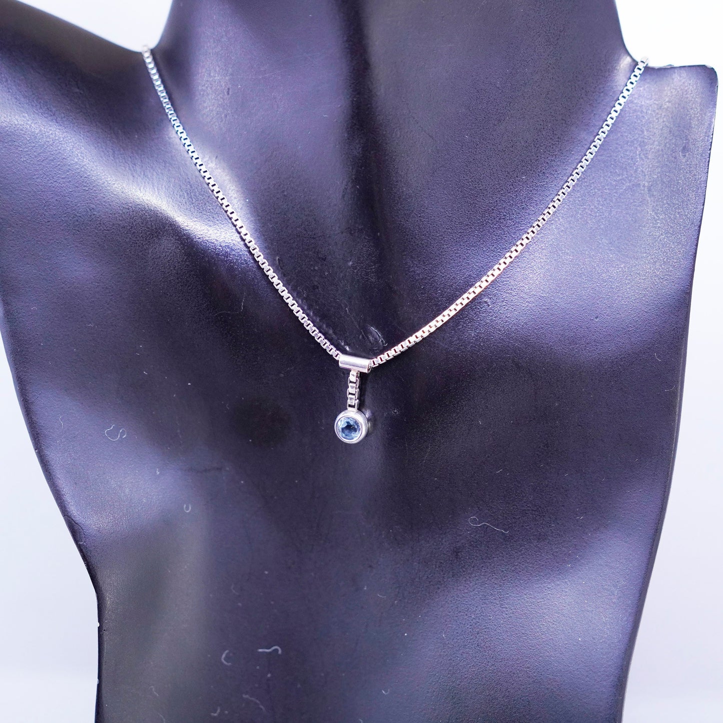 16”, vintage Sterling 925 silver box chain necklace with blue crystal pendant