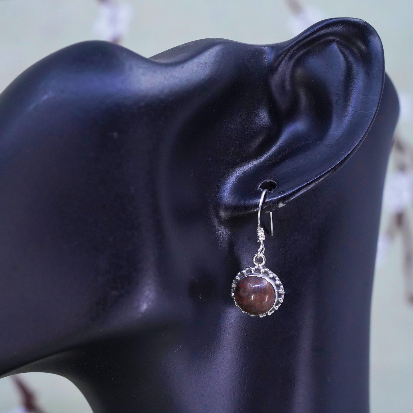 Vintage Sterling 925 silver handmade earrings with circle red jasper drops