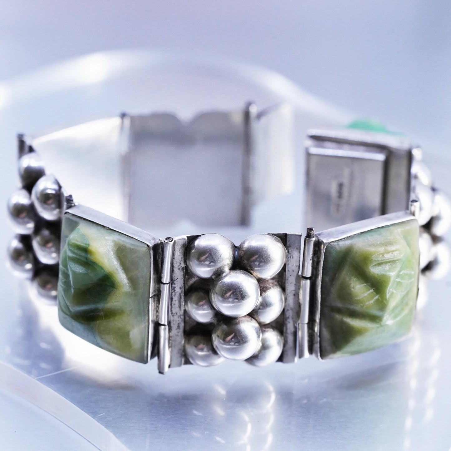 6", DEFECTED! Mexican Sterling Silver Carved Jade Face Mask Panel Bracelet