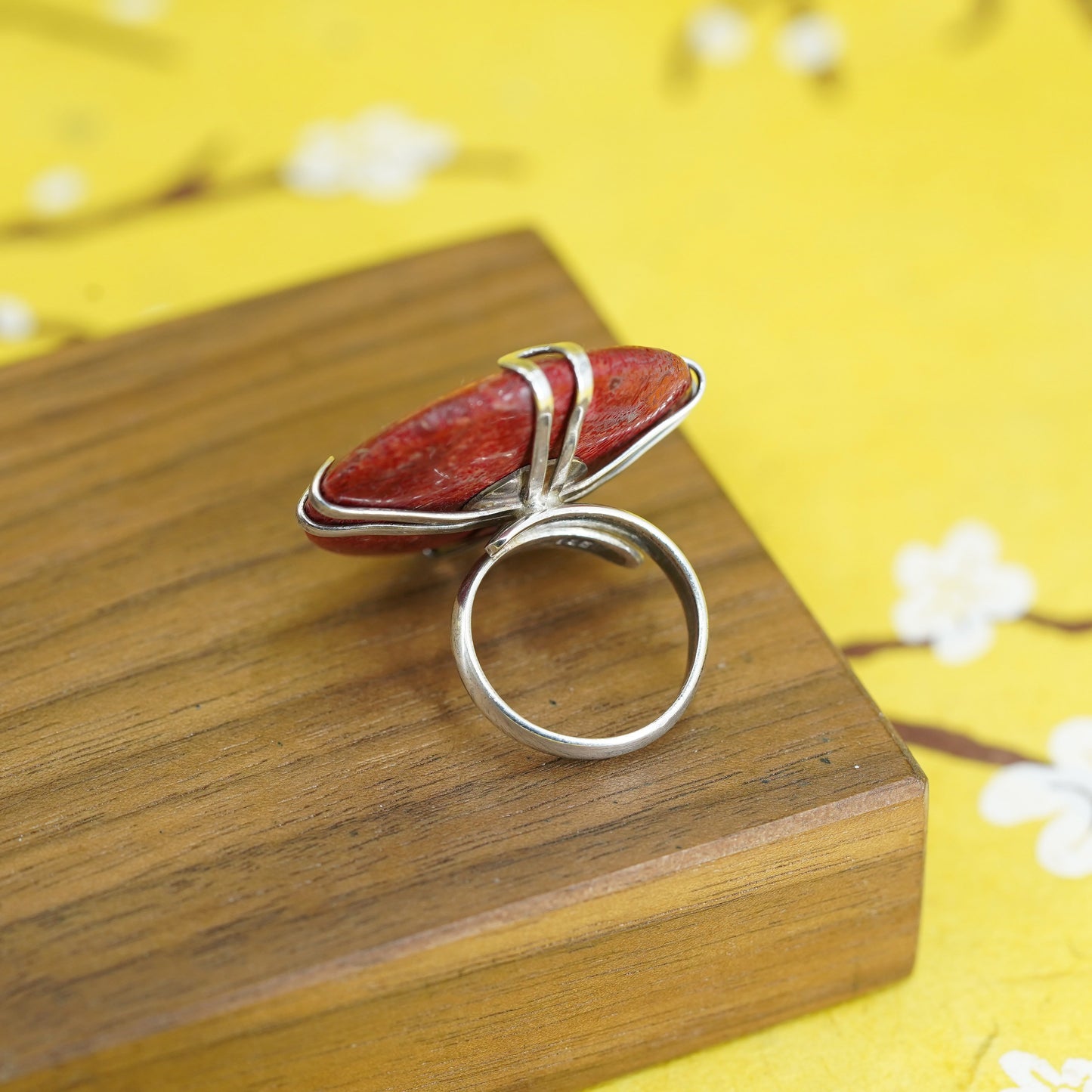 Size 4.5, Sterling silver handmade statement ring red coral, Native American