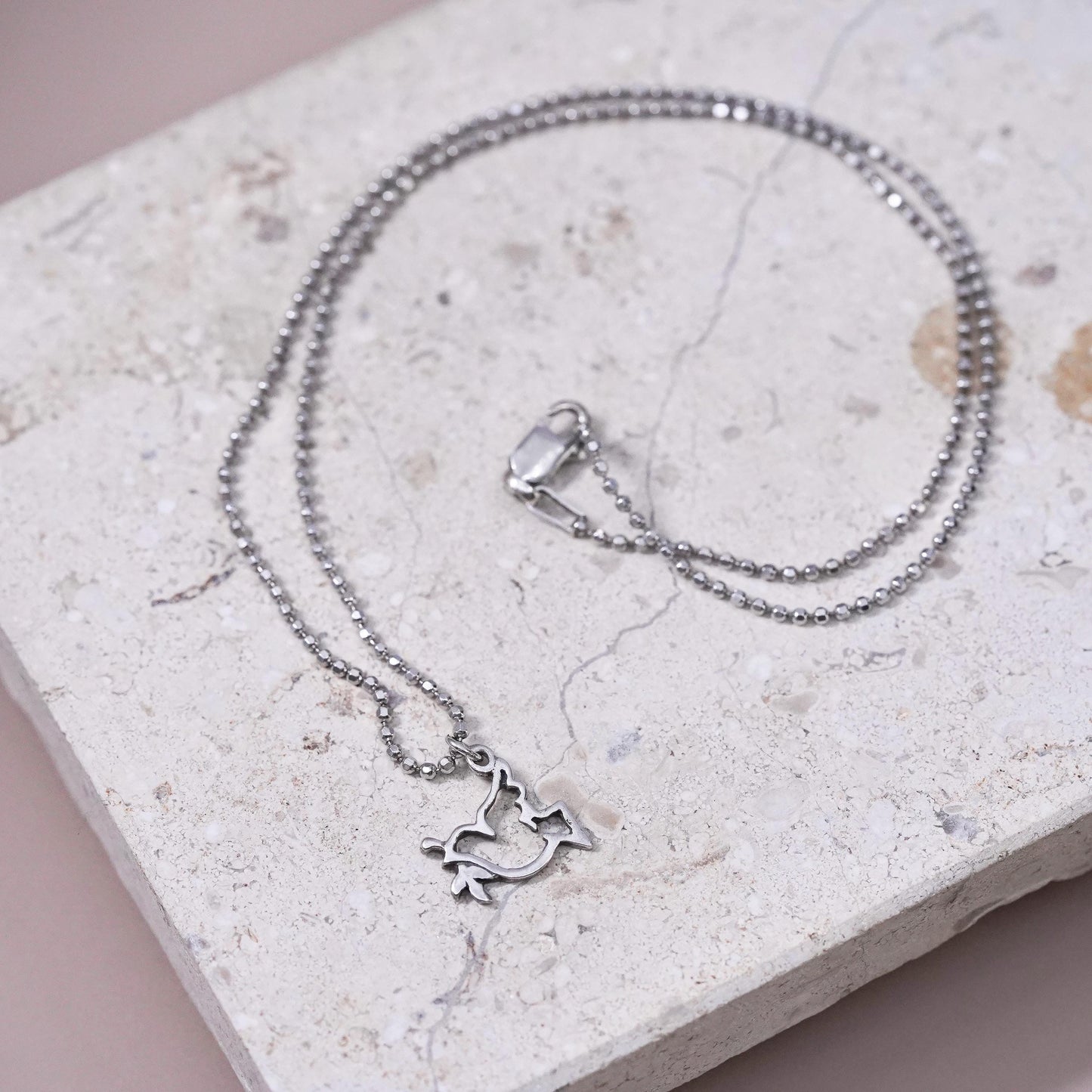 16", vintage Sterling silver necklace, 925 bead chain peace bird dove pendant