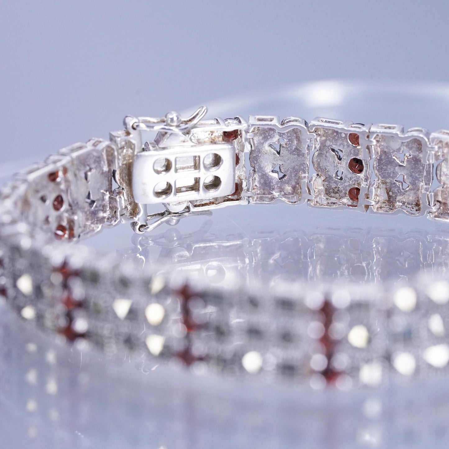 7”, Sterling 925 silver handmade tennis bracelet with garnet and marcasite