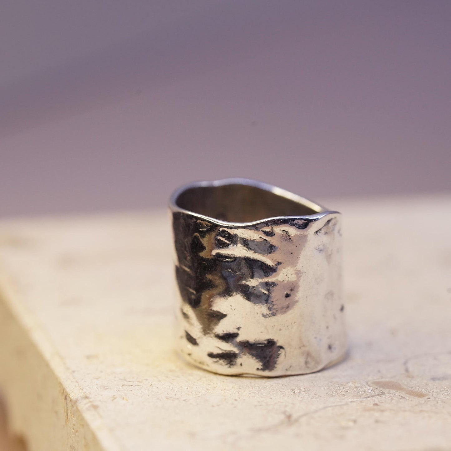 Size 6, vintage Sterling silver handmade ring, modern hammered 925 wide band