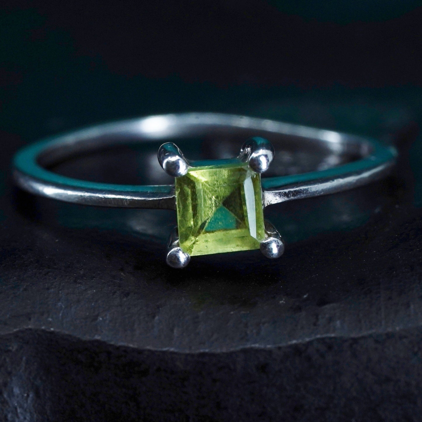 Size 4.5, vintage Sterling silver handmade ring, 925 stackable band w/ peridot