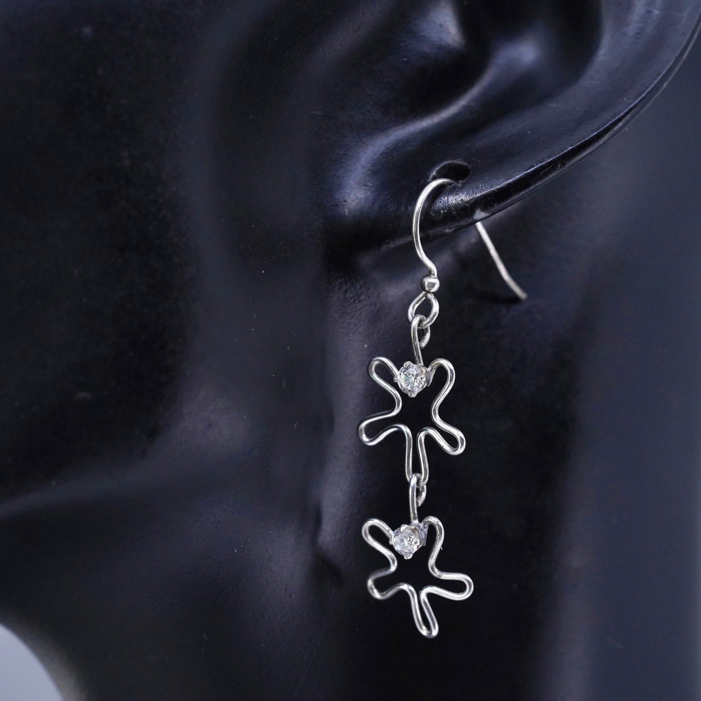 Vintage Sterling 925 silver handmade wired flower earrings with cz