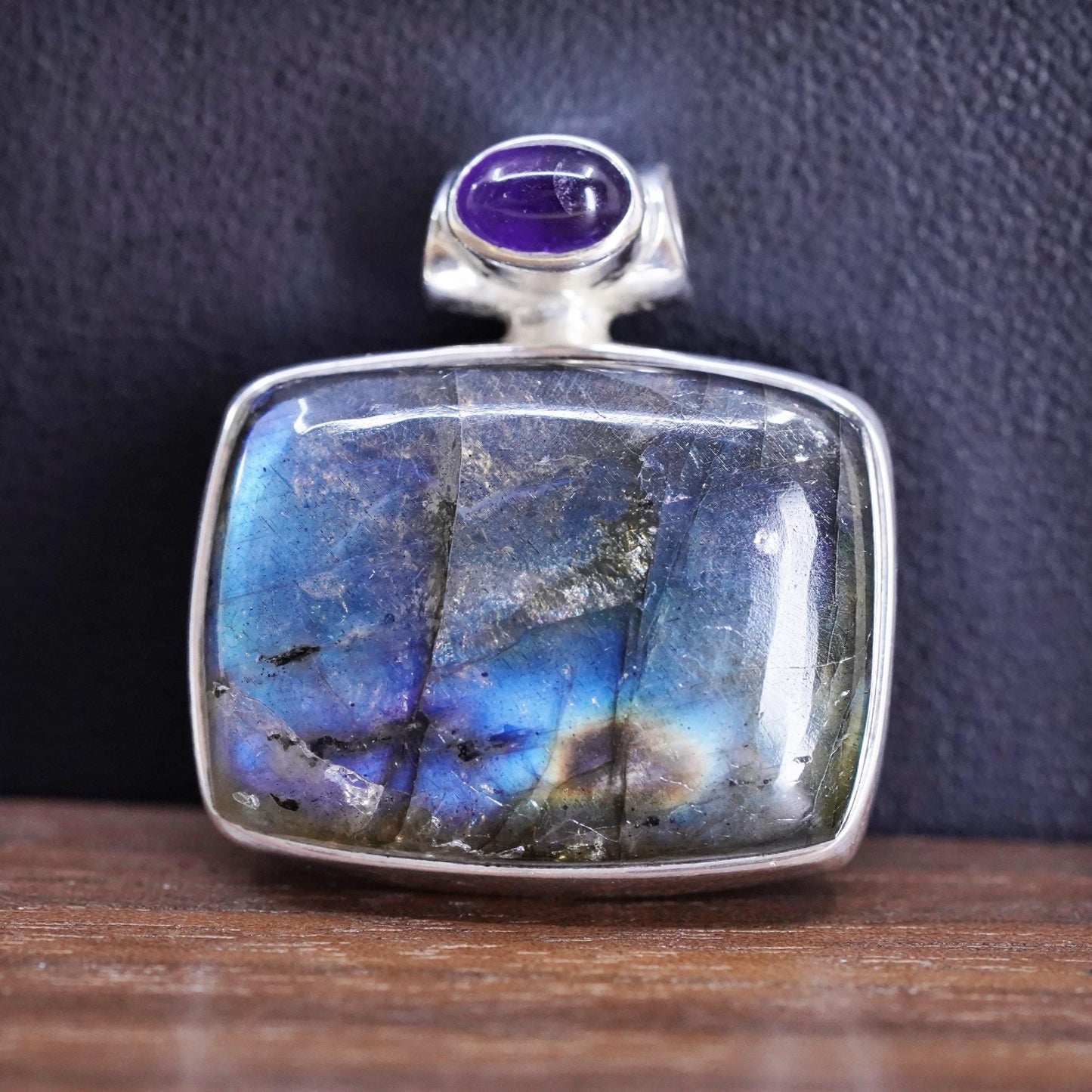 Vintage Sterling 925 silver handmade pendant with blue labradorite and amethyst