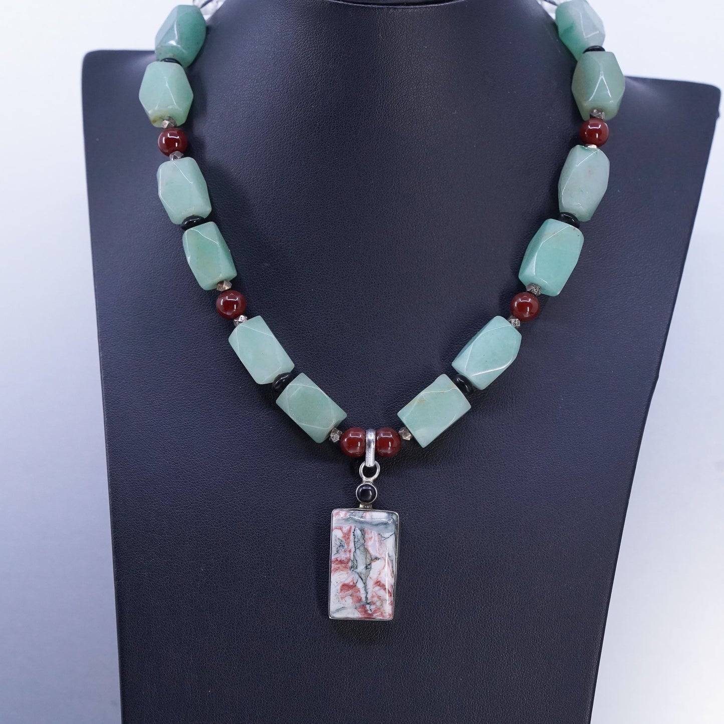 16” VTG Sterling 925 Silver Jade nugget carnelian beads necklace jasper pendant