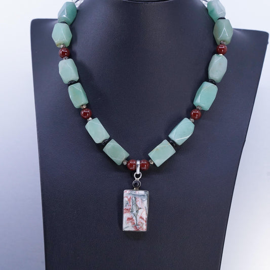 16” VTG Sterling 925 Silver Jade nugget carnelian beads necklace jasper pendant