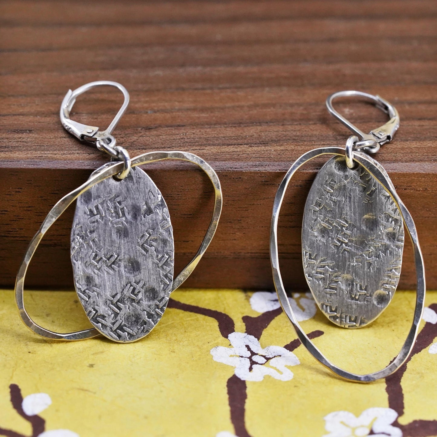 two tone Sterling 925 silver hammered circle earrings with brass circle dangles
