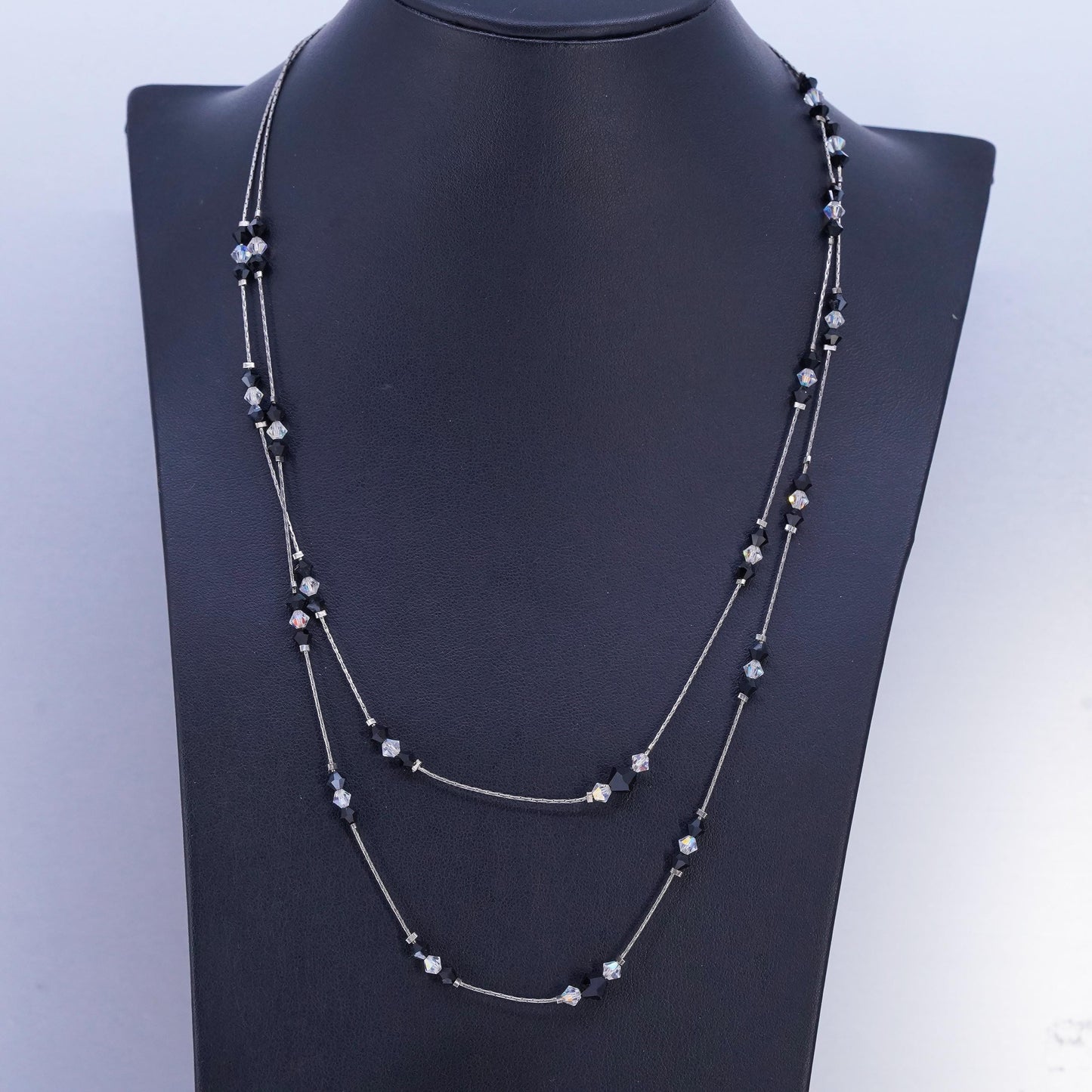 18” Sterling Silver 925 double strands chain necklace black and white crystal