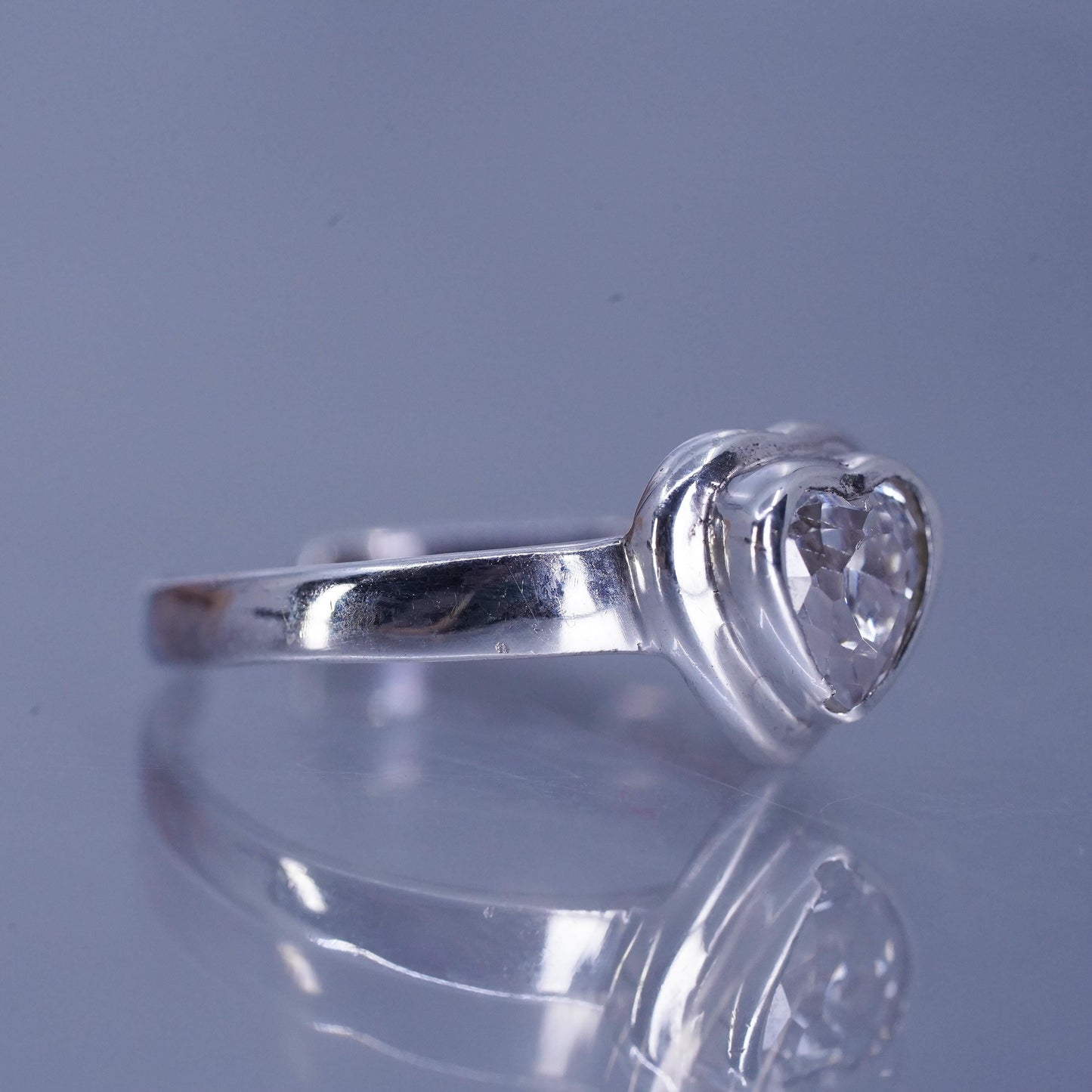 Size 3.25 vintage Sterling 925 silver engagement double ring with heart Cz