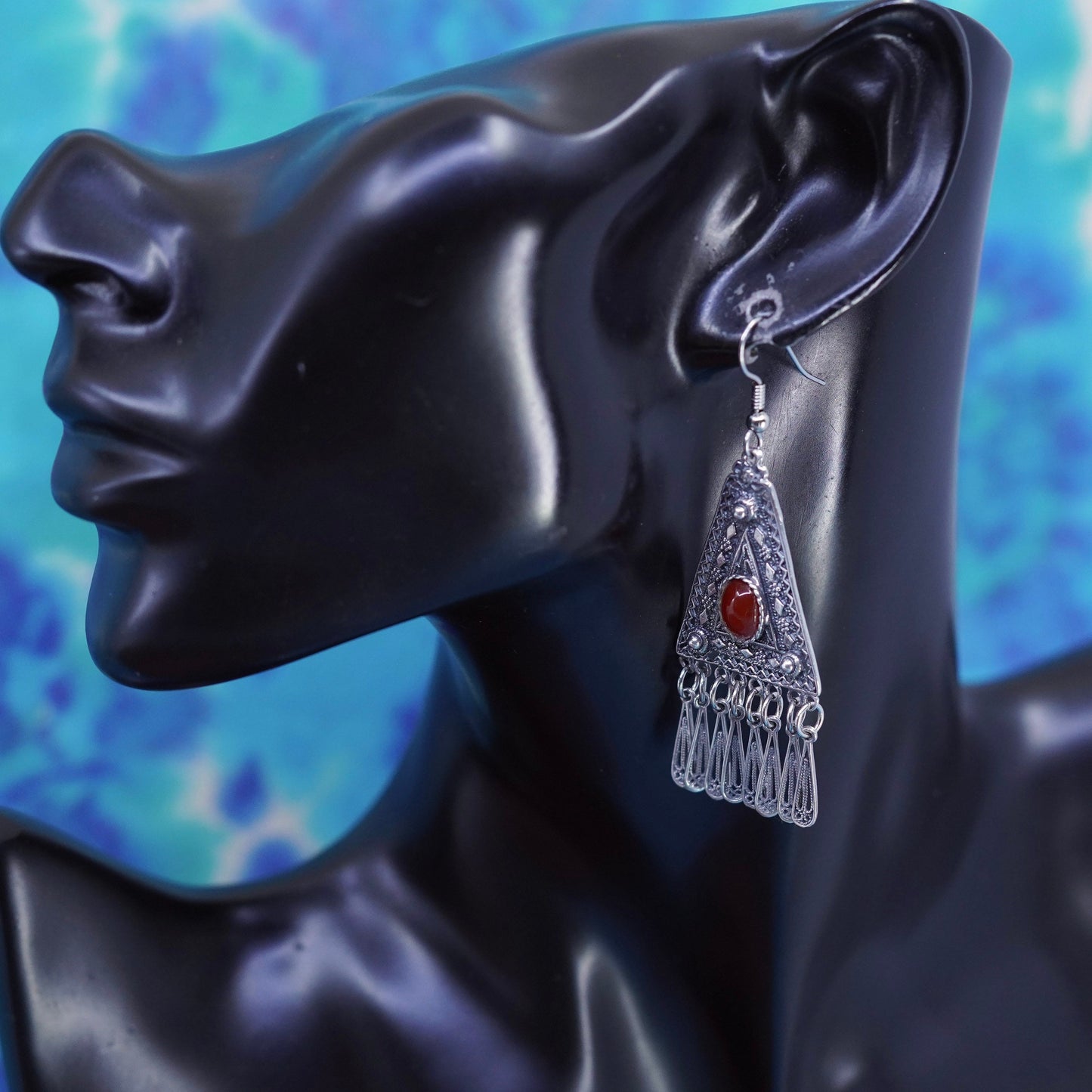 Vintage Sterling silver handmade earrings, 925 Filigree teardrops w/ carnelian
