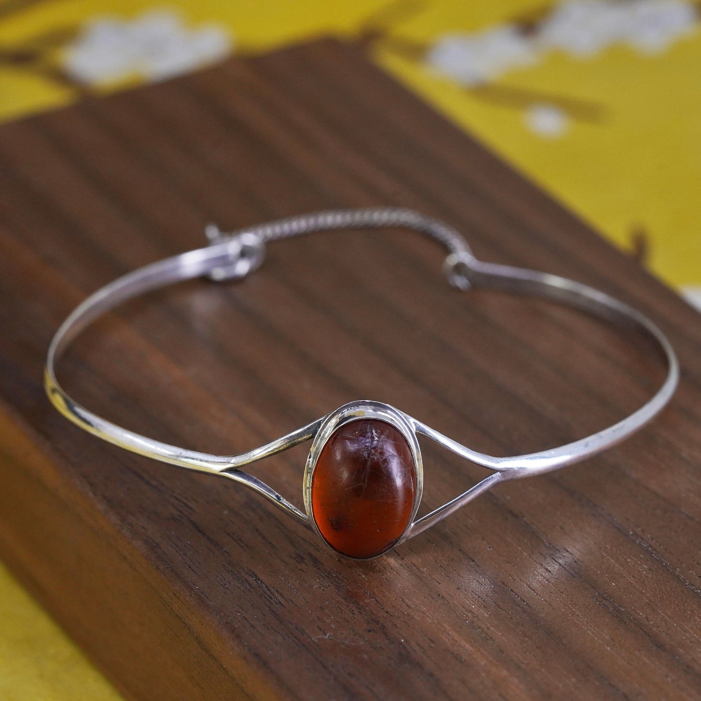 6.5”, Vintage Sterling silver handmade bracelet, 925 hinged bangle with amber