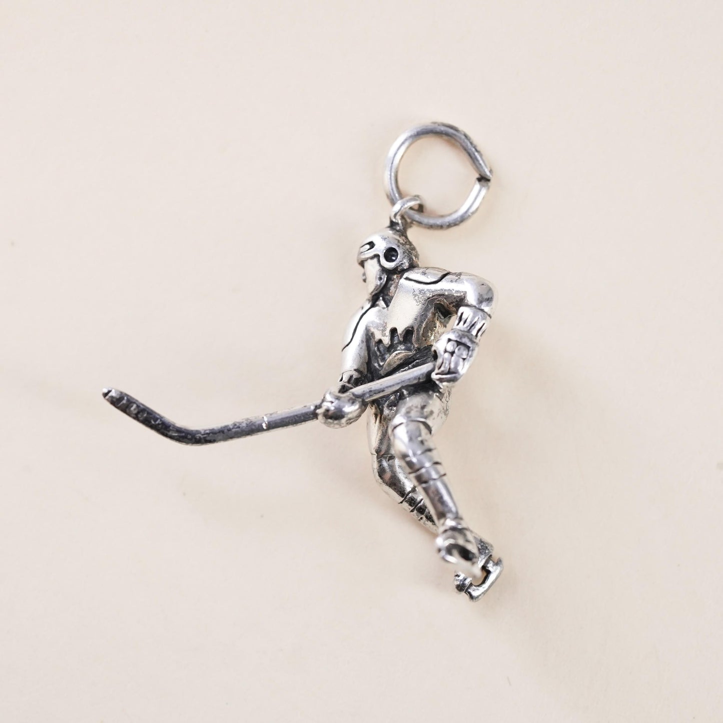 Sterling 925 Silver Hockey Player Charm Pendant, 3D Ice Hockey Skater w/ Stick